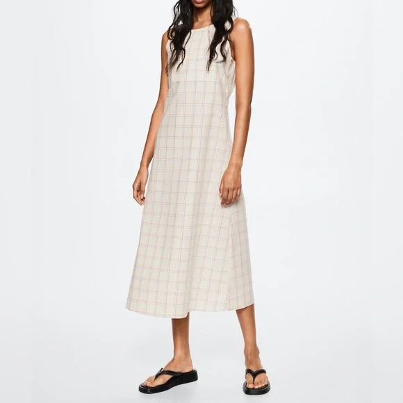 MANGO Light Yellow Cutout Cotton Check Midi Dress - Size S - NWT - Sold Out! - Picture 1 of 7